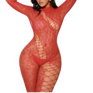 Elegant Red Sheer Lace Full Body Bodysuit with Open Back